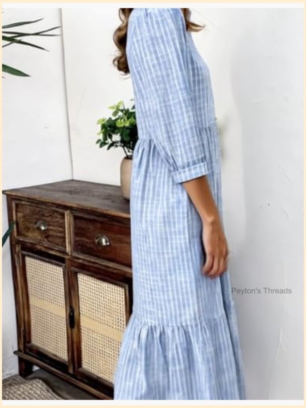 Striped Shirt Maxi Dress with Pockets 3/4 Sleeve V-Neck - Picture 3 of 7